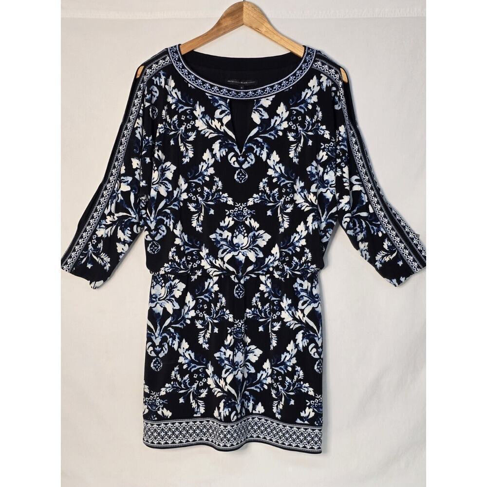 White House Black Market Blue/Black Floral 3/4 Slit Sleeve Blouson Dress Size M